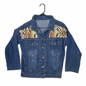 Denim Jacket With Tapestry Panels Western Inspired Statement‎